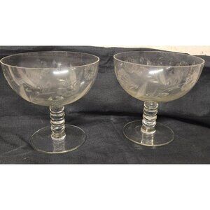 Vintage Pair of 6" Etched Floral Glasses Stemed Sherbet